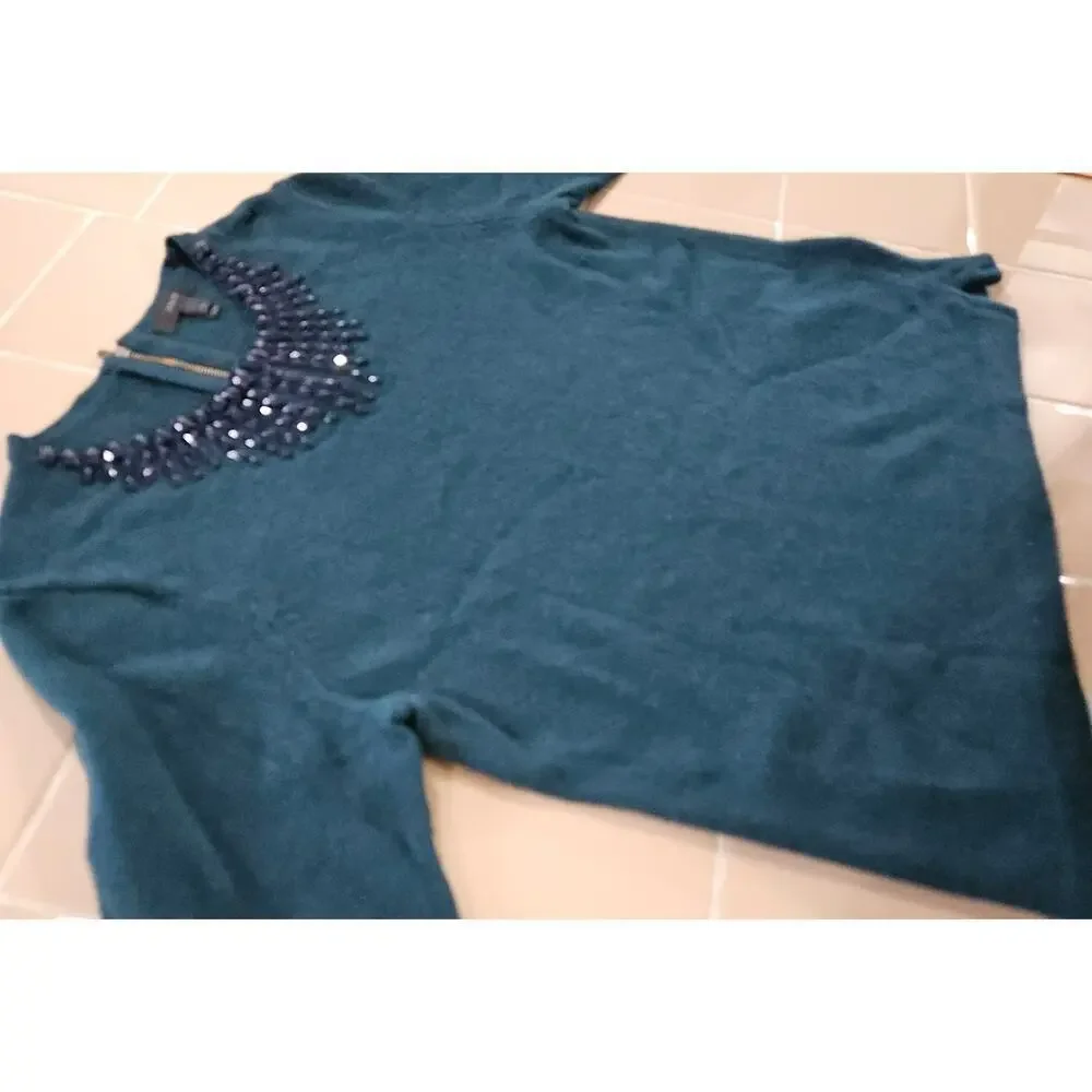J. Crew Green Wool/Rabbit Hair Blend Sweater Jeweled Neckline Size Large Womens